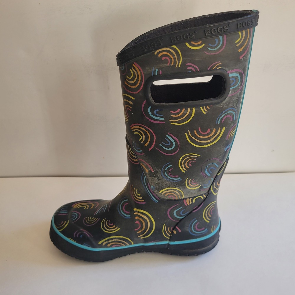Bogs Rain Boots Youth 1 Black Wild Rainbow Waterproof Pull On - Picture 3 of 9